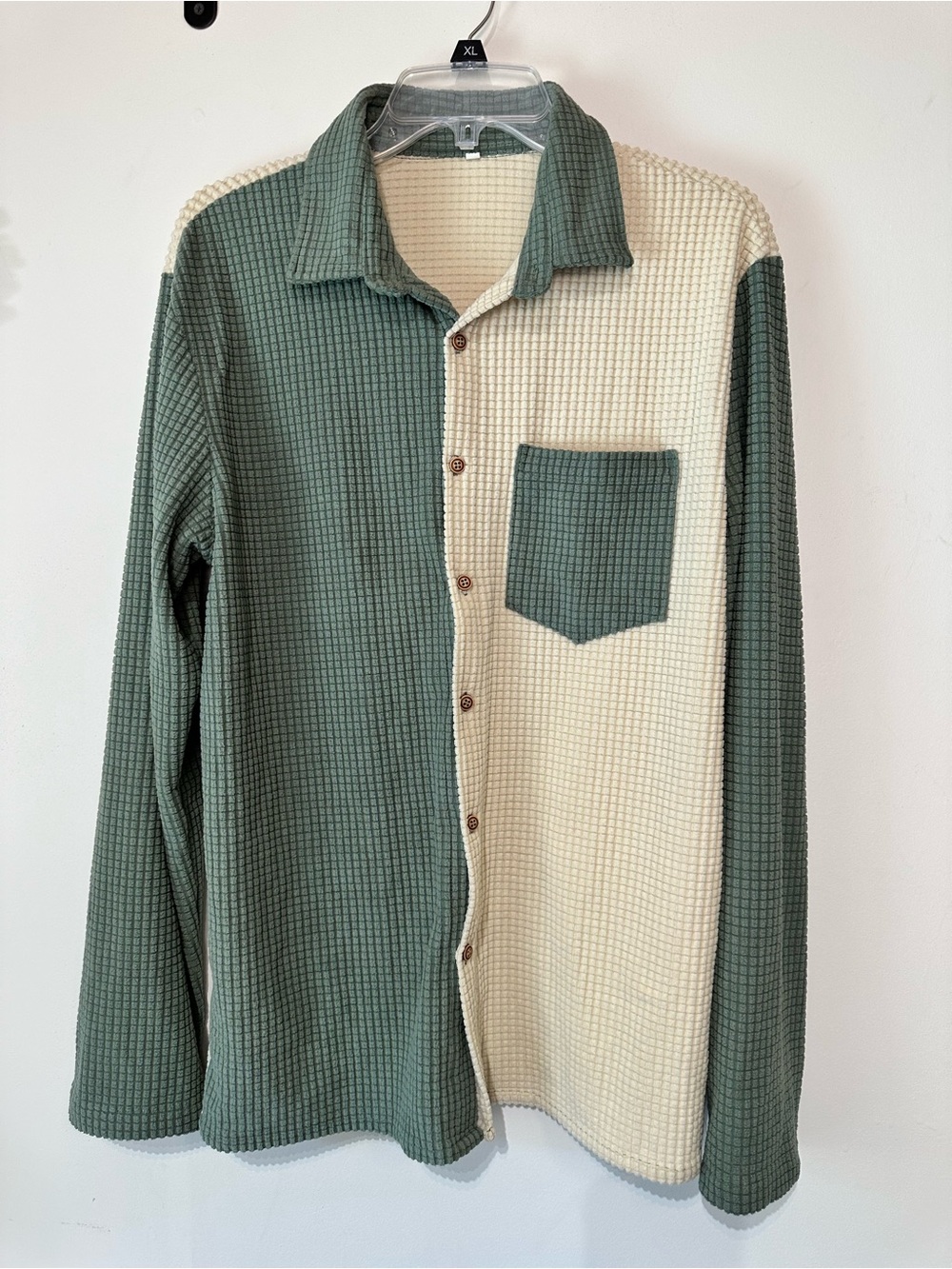 Colorblock Waffle Knit Button-Down Shirt - Green & Cream